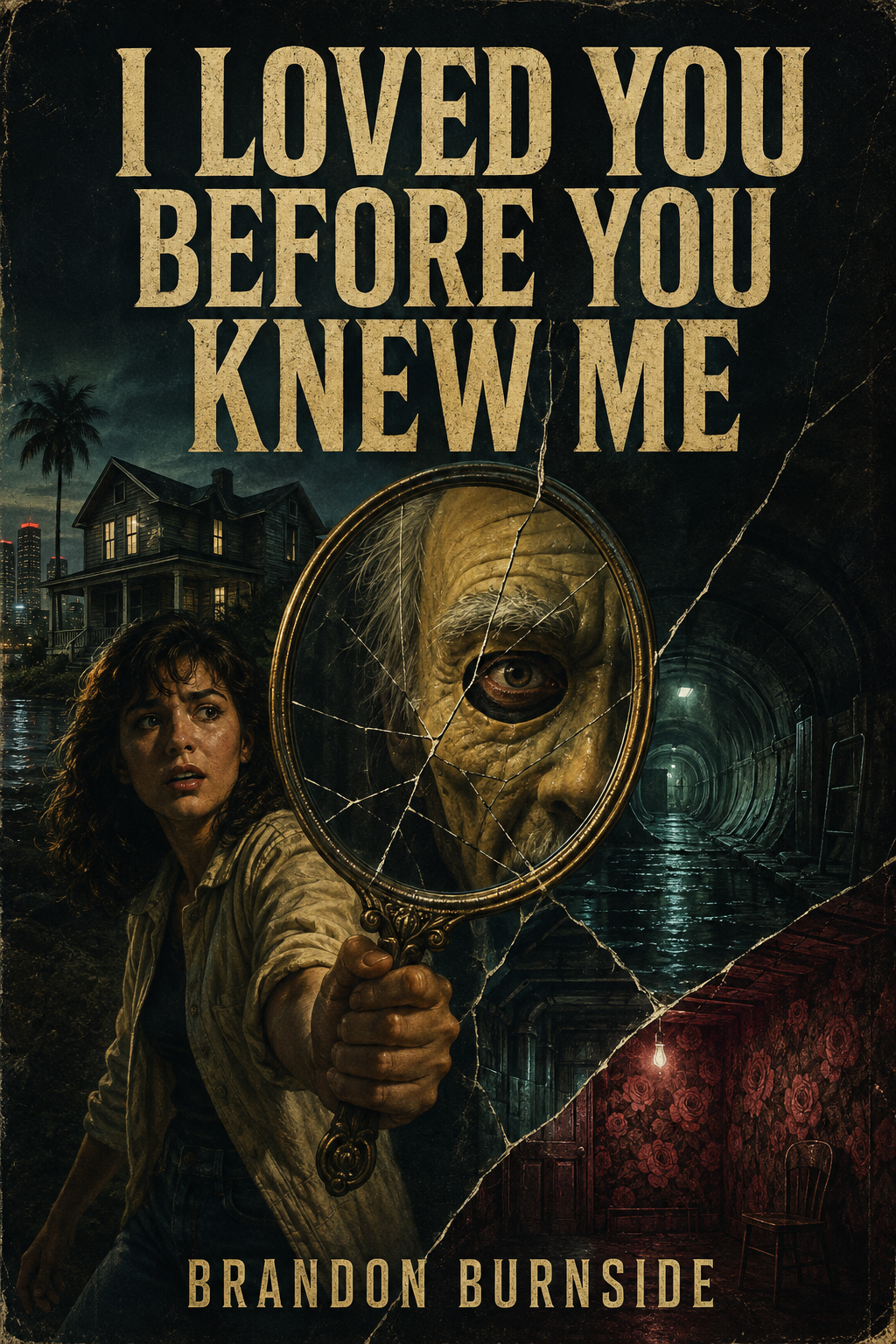 I Loved You Before You Knew Me psychological horror cover featuring Nina Caruso, Milo Hollis in an old-man mask, a cracked mirror, and tunnels beneath 1984 Tampa