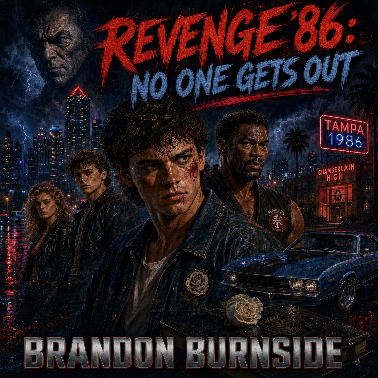 REVENGE ’86: NO ONE GETS OUT cover featuring Danny Moreno, Calvin Fearless Mercer, Becca, Robby, a blue muscle car, and an ominous Crown figure in 1986 Tampa