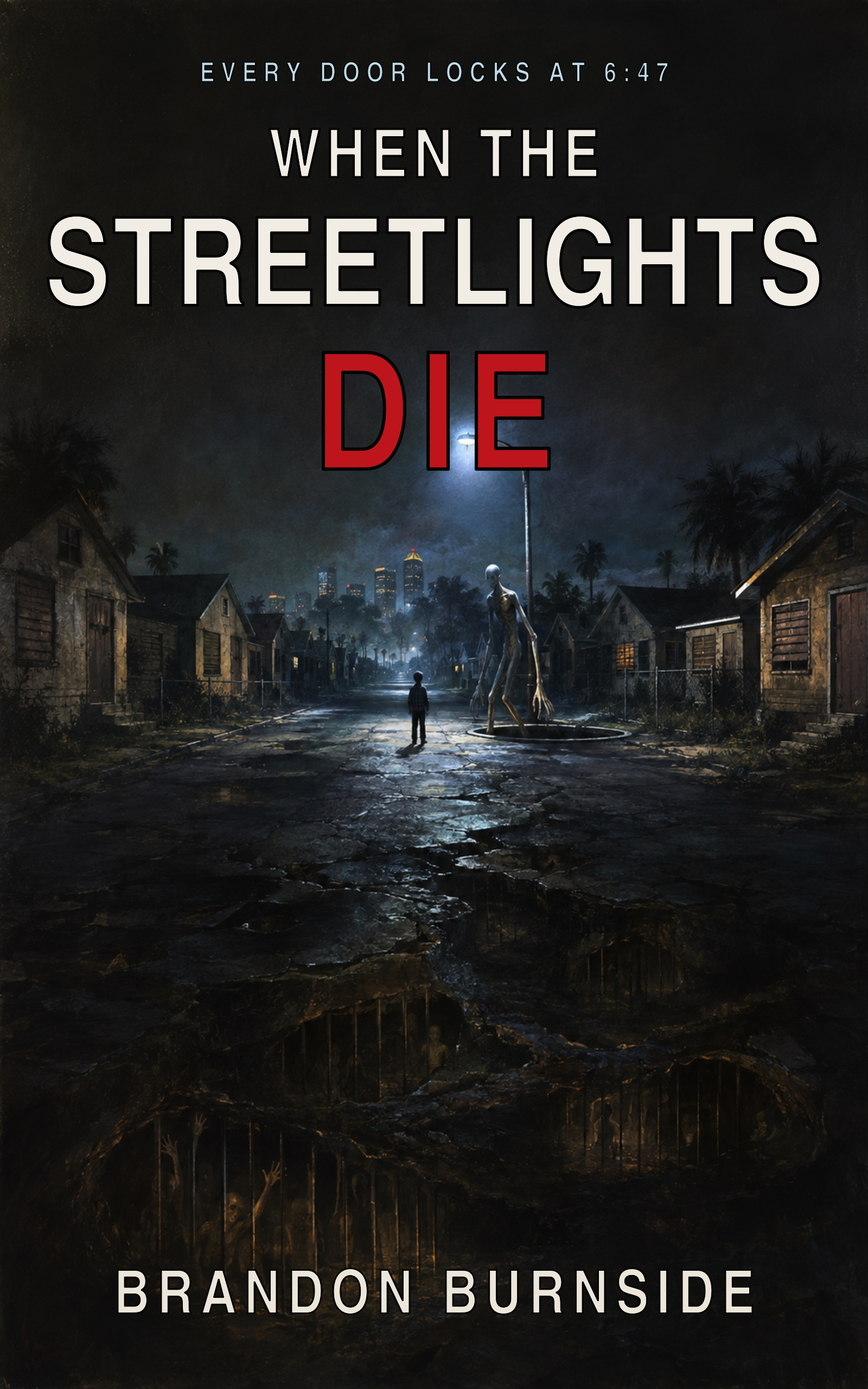 When the Streetlights Die horror cover showing a child beneath Tampa's last streetlight as a Hollow Man rises above hidden underground captives